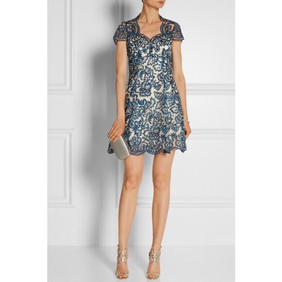 Marchesa Notte Embroidered Tulle Mini Dress Blue White US Size 10 Cocktail Party - Picture 2 of 8
